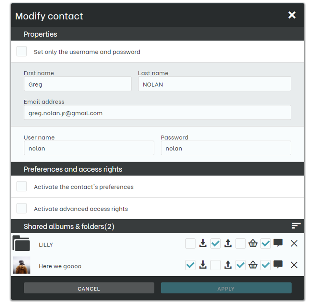 Window for managing folder shares at the contact level