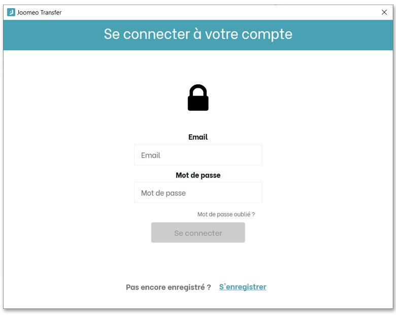 Joomeo Transfer : l'écran de connexion