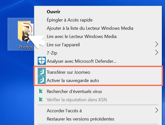 Menu contextuel clic droit sur un dossier