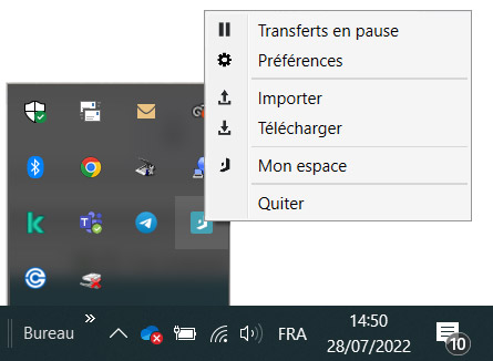 Menu clic droit sur l'icône Joomeo Transfer de la barre des tâches