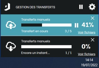 Clic gauche sur l'icône Joomeo Transfer de la barre des tâches : Liste des transferts en cours