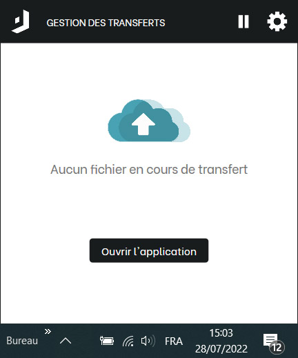 Clic gauche sur l'icône Joomeo Transfer de la barre des tâches : Aucun transfert en cours
